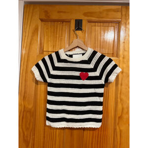 Zara Girls Black White Striped Crochet Knit Top Red Heart Valentines 9 10 Years